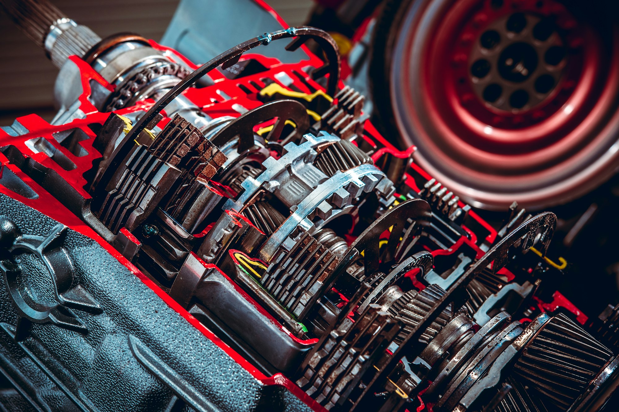 Car gearbox. Transmission closeup at the service station